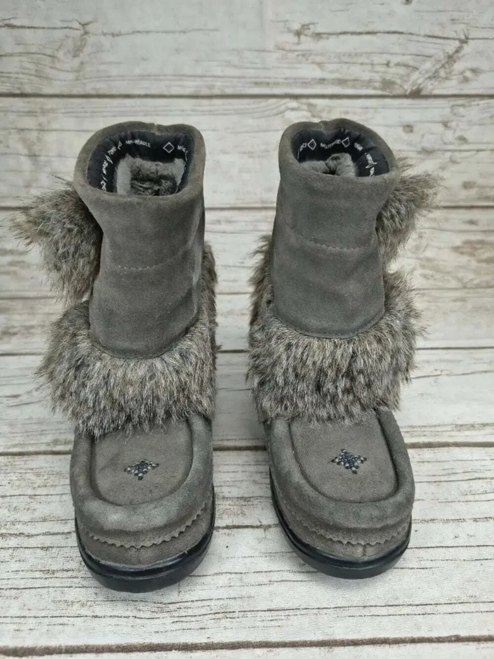 Manitobah Mukluks Gray Fur Trim Waterproof Winter Boots Youth Size 1